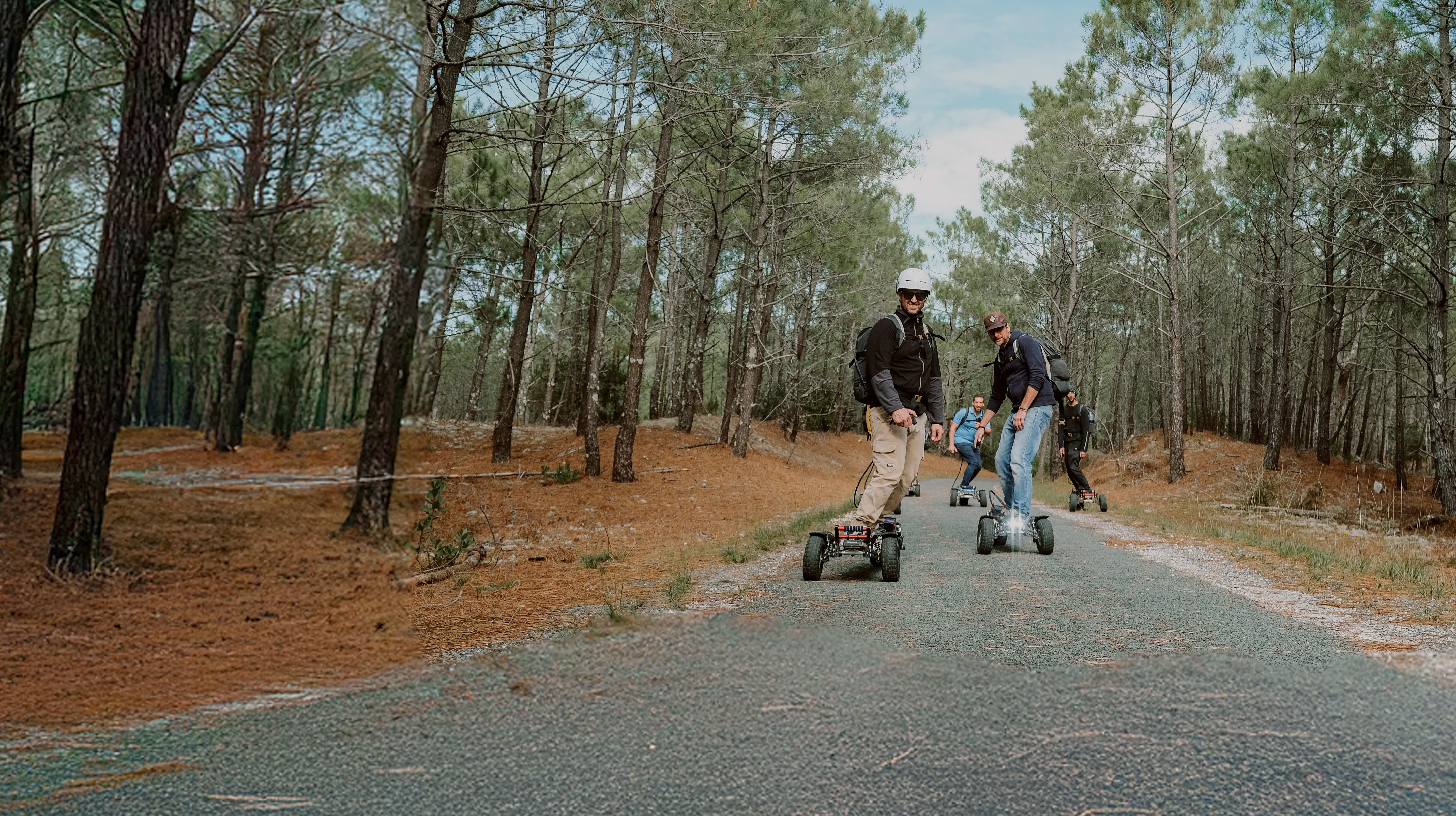 Groupe riders aventure sortie longboard électrique communauté session amis